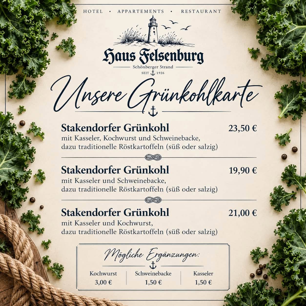 Ab sofort jetzt auch im Haus Felsenburg: "Stakendorfer Grünkohl"